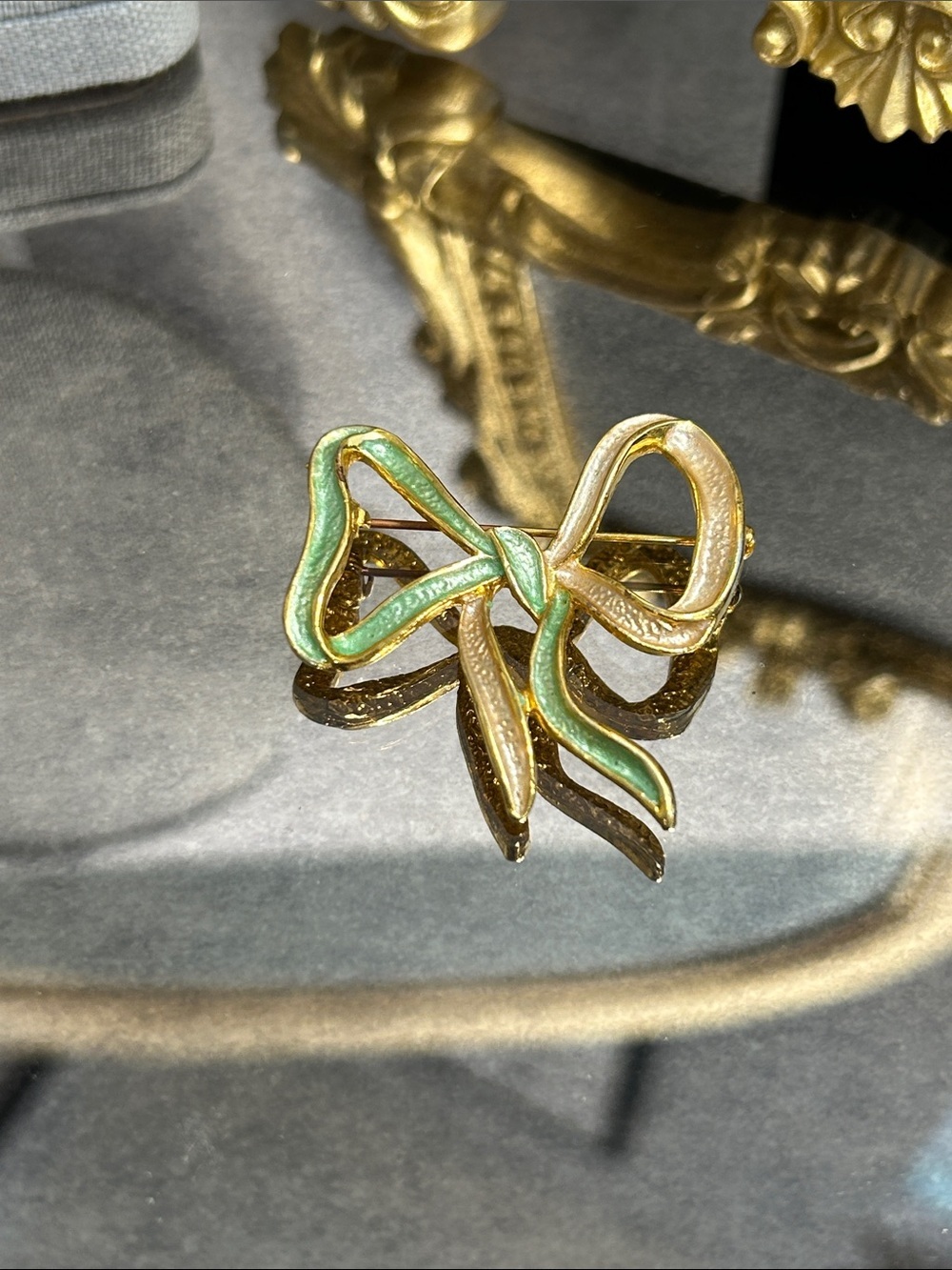 Gold Tone Green Enamel Bow Brooch
